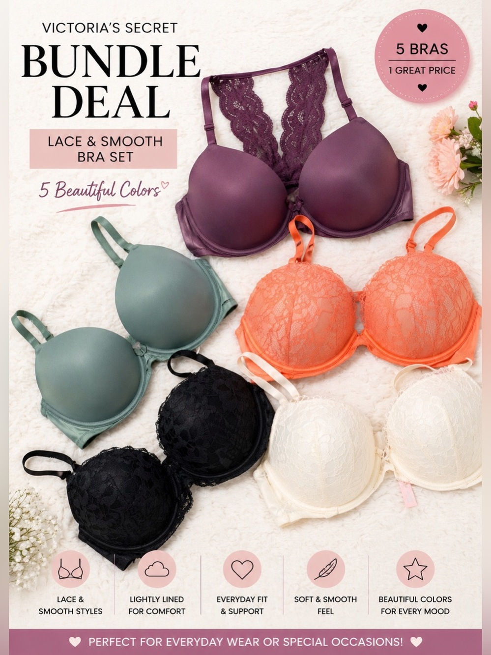 Bundle Deal* s Lace and Smooth Bra Set - Black, Cream, Orange, Purple, Green